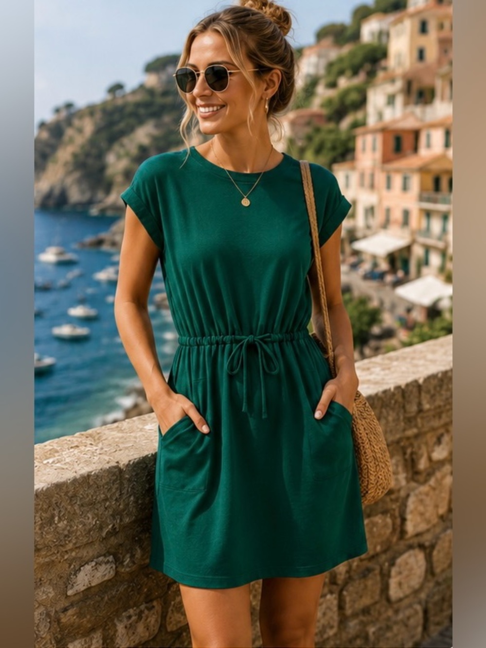 A‎ New Day Emerald Green Drawstring Waist Knit Dress Large Cap Sleeve Pockets